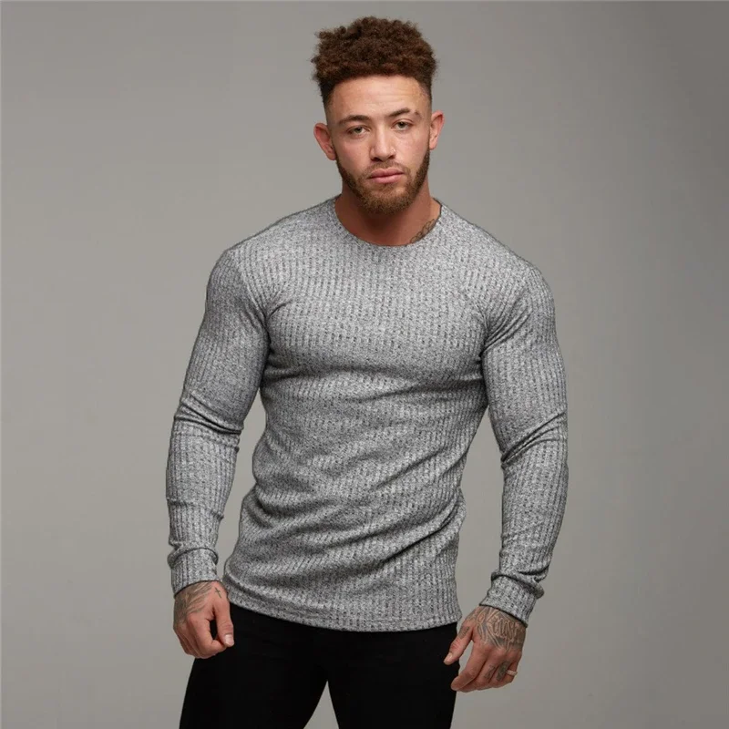 2023 Autumn Fashion Men\'s T-shirt Sweater O-Neck Slim Fit Knittwear Mens Long Sleeve Pullovers Tshirts Men Fitness Pull Homme