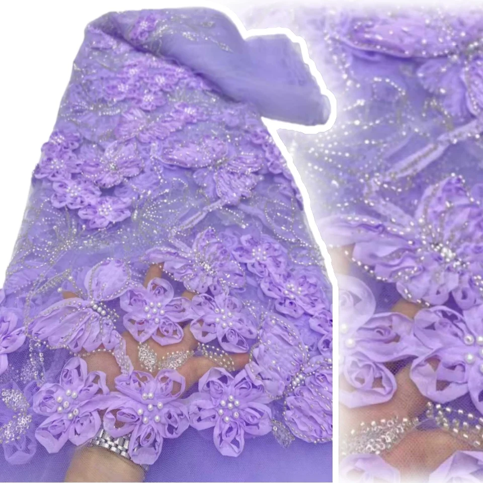 

3D Африканское кружево с бисером 2026: Высококачественное нигерийское французское кружево с пайетками для женских свадебных и праздничных платьев 2279