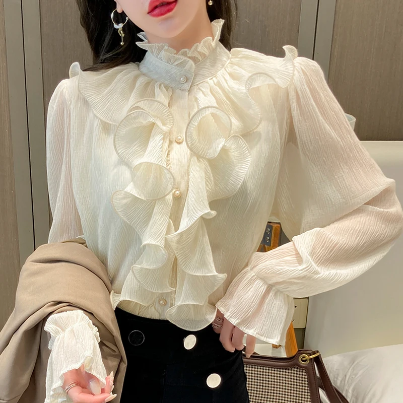 

Autumn Vintage Ruffles Clothes Lace Blouse Women Spring Stand Collar White Chiffon Shirt Long Puff Sleeve Loose Tops Elegant