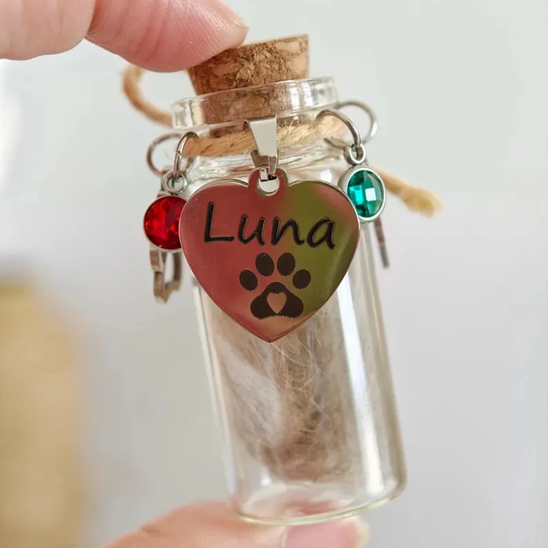 تخصيص الزجاج المحفور زجاجة الحيوانات الأليفة الشعر تذكارية عيد ميلاد حجر الحب قلادة يمكن شغلها مع شعر الحيوانات الأليفة والأسنان والرماد