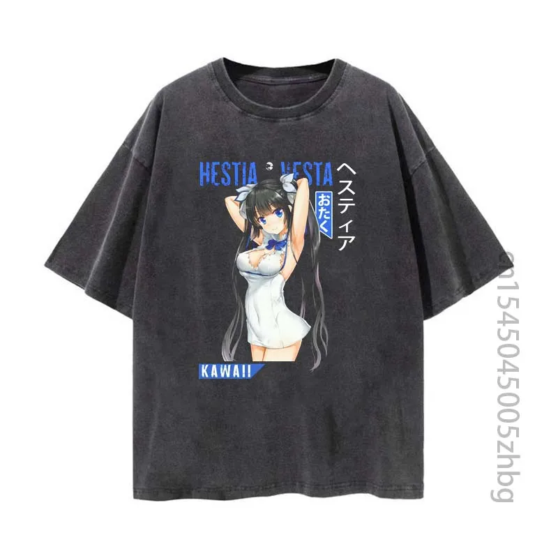 Camiseta de Anime de Hestia para mujer, ropa de calle Harajuku Vintage, camiseta desgastada, Camiseta estampada de Manga, camisetas para hombre