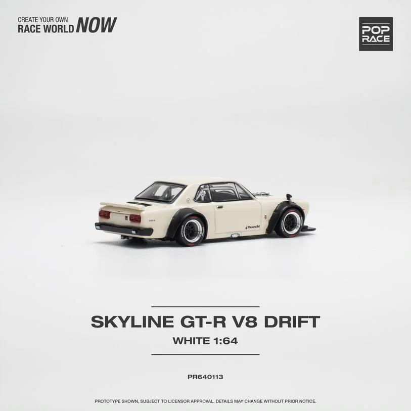 Pop Race In Stock 1:64 Skyline GTR KPGC10 Hakosuka V8 Drift White Openable Hood Diecast Diorama Car Model