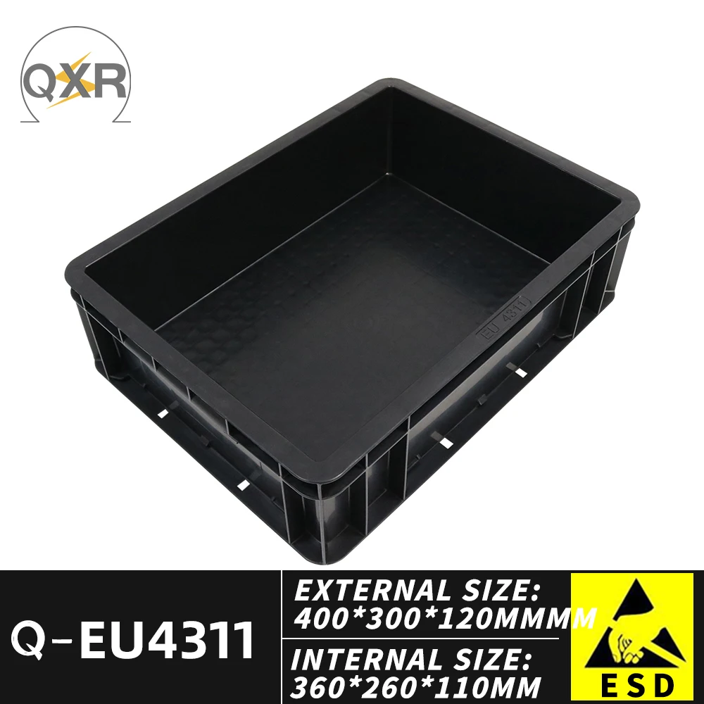 Q-EU4311 Esd Container Black Antistatic Storage Tote Circulation Box 400X300X120mm For Electronic Transportation