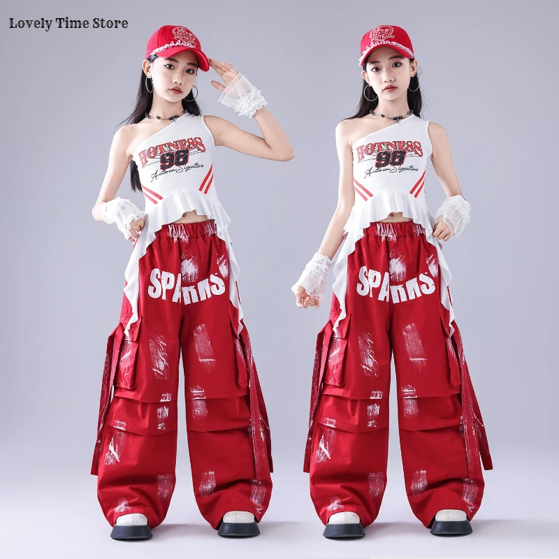 Girls Hip Hop Lovely Crop Top ‌Paint-Speckled Cargo Pants Children Streetwear Girl Group Costumes Kids K-pop Dance Clothes Sets