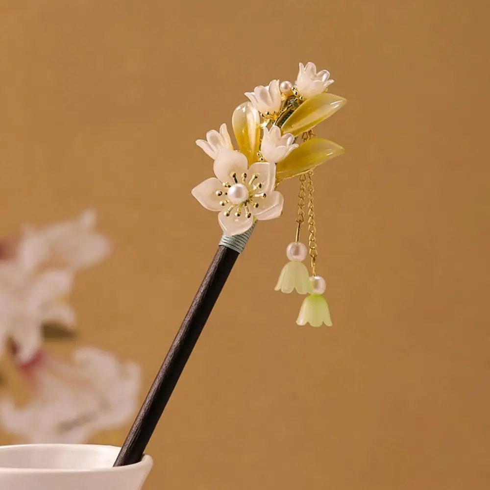 Ethnic Chinese Style Flower Hair Sticks Vintage with Tassel Wooden Hair Clips Hair Fork Handmade Hair Chopsticks for Disk Hair