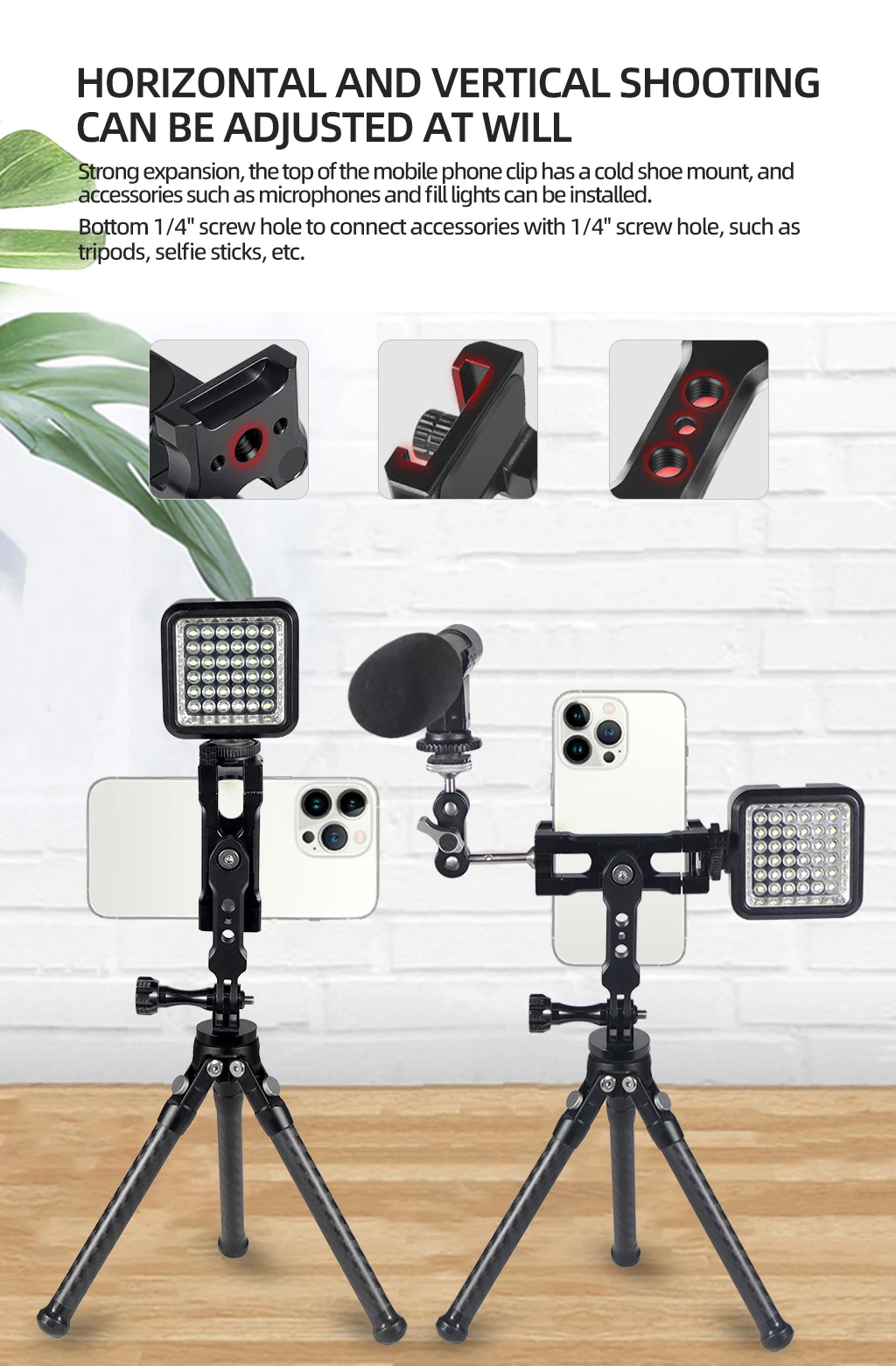 Handy-Ständer halter 360-Grad-Drehung Stativ adapter Kalt schuh 1/4 "Halterung für Smartphone Vlog Selfie Stick Lichter stehen – Detail 4