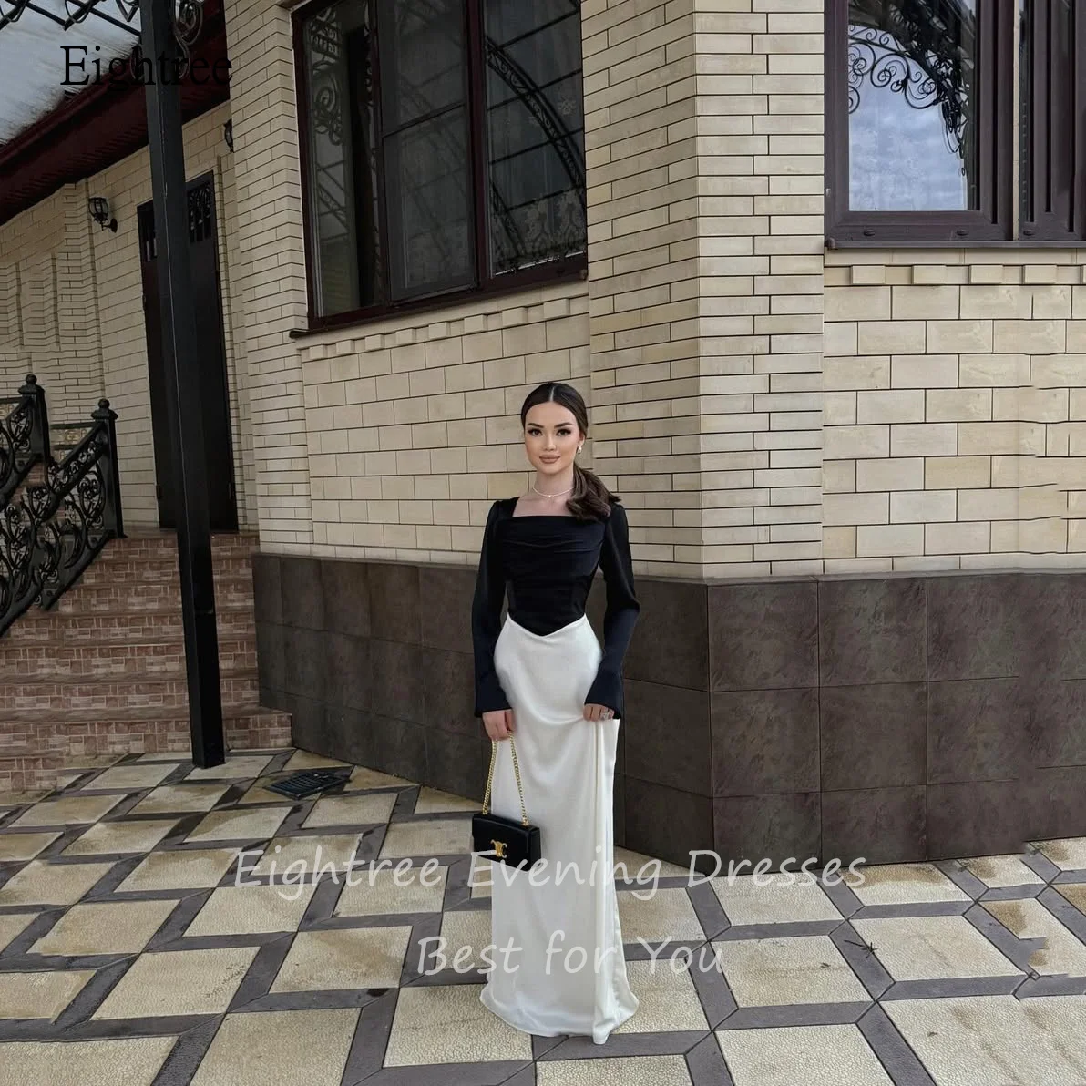 Eightree Black/White Mermaid Formal Prom Gowns Square Neck Evening Dress Full Sleeves Women Party Dresses Newest Customized