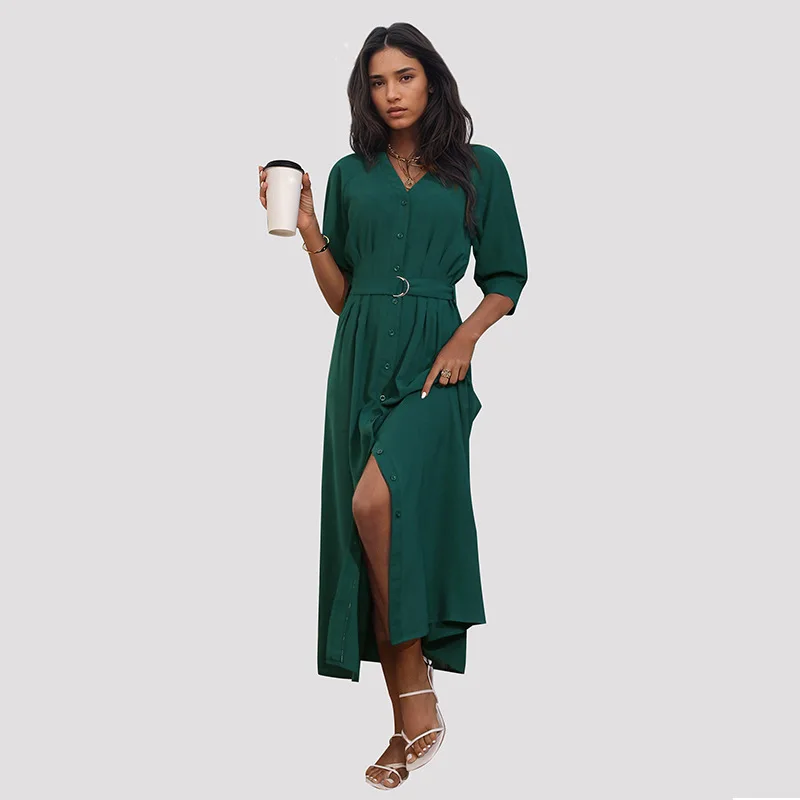 

Green Dress For Women Spring 2024 New V-Neck Half Sleeves Slimming Belted Single Breasted Solid Colour Dress Midi-Calf Length