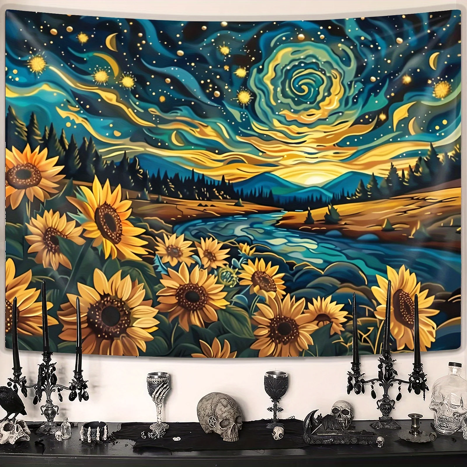 Van Gogh-Inspired Sunflower Field Tapestry – Vibrant Starry Night Sky & Sunflowers Design, Wall Hanging for Bedroom, Living Room