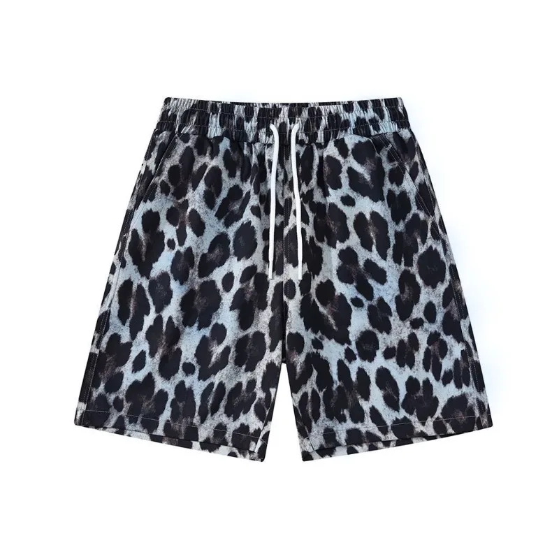 Classic Leopard Printing Men Shorts American Mesh Elastic Breathable Wide Leg Short Sweatpants Lightweight Casual Sports Shorts
