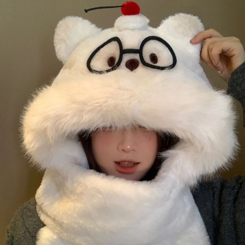 

Cute Bear Windproof Integrated Cap Scarf Thickened Warm Ear Protection Cap Soft Neck Warmer Hat Women