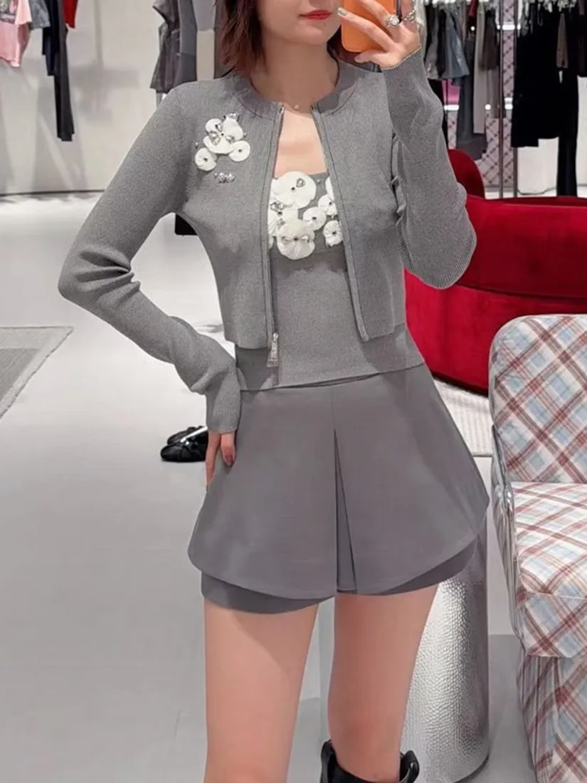 High-End European Style Women's Knitted Zipper Sweater Heavy Embellished Floral Decoration Slim Fit Autumn Winter Fashion