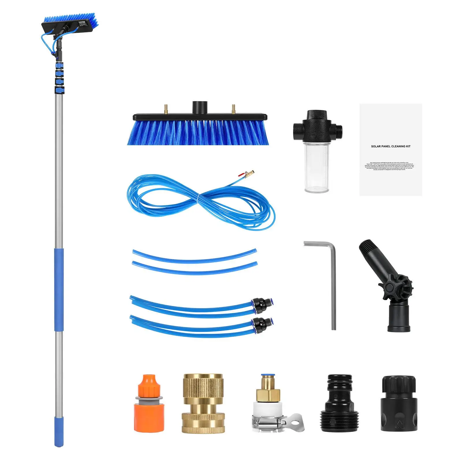 Water Fed Pole Kit 30FT Solar Panel Cleaning Pole Extendable Handle 180° Rotatable Brush Head 65.6FT Hose Window Cleaner for caravan Solar Panel Deck Household Outdoor