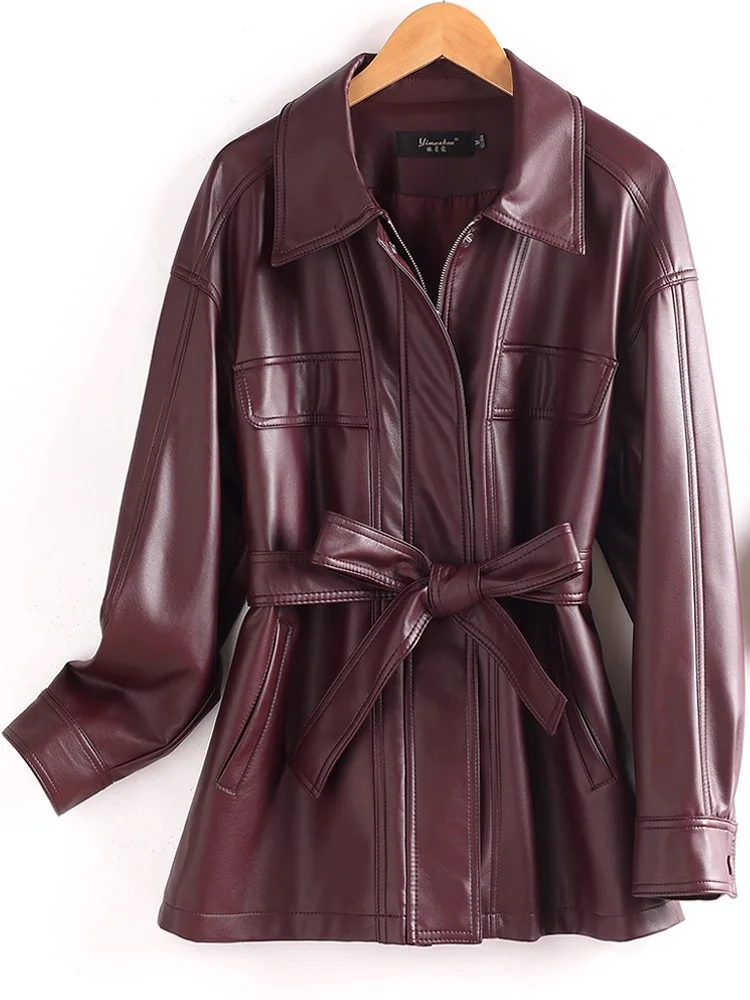 جديد إمرأة متوسط طويل انقسام معطف جلد الخريف موضة بدوره إلى أسفل طوق الخصر النحيف مع حزام معطف قصير خندق جلدية عادية #3