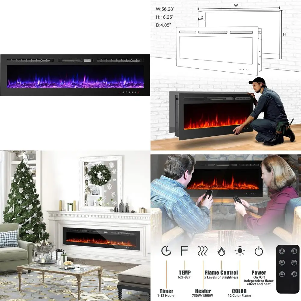 

60 750 Вт/1500 Вт настенный светодиодный электрический камин с дистанционным управлением, энергоэффективный