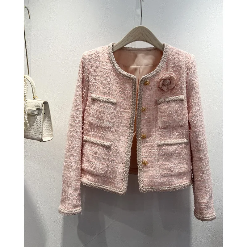 Women's sequined coarse woolen coat 2026 autumn and winter new style small fragrant round neck top