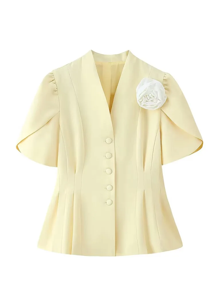 HH Frauen Herbst V-ausschnitt einreiher Kurzen Ärmeln Blazer Top Weibliche Chic Plissee 3D Blume Vintage 2-Farbe jacke Mujer