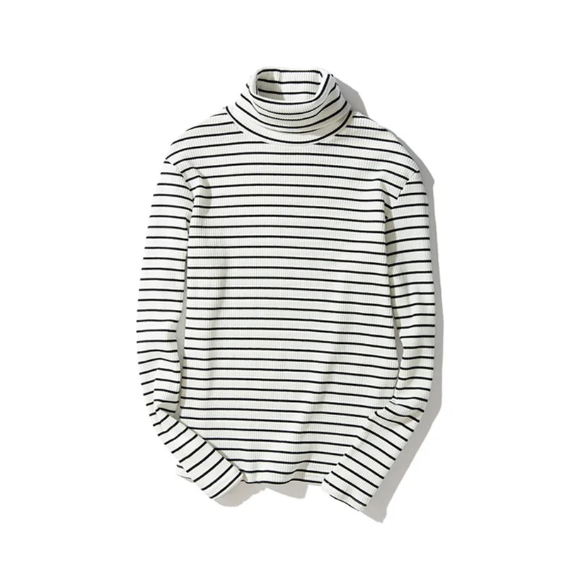 Spring Men\'s Retro Striped Turtleneck T-shirts Long Sleeve Loose Pullover T-shirt Base Tee Tops Man Clothing
