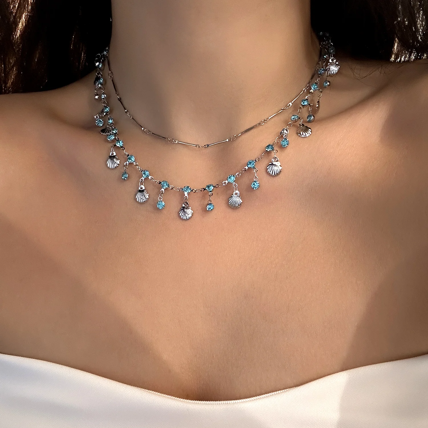 Luxury Blue Zircon Shell Tassel Necklace for Women Exquisite Crystal Butterfly Double Layer Chain Necklace Wedding Party Jewelry