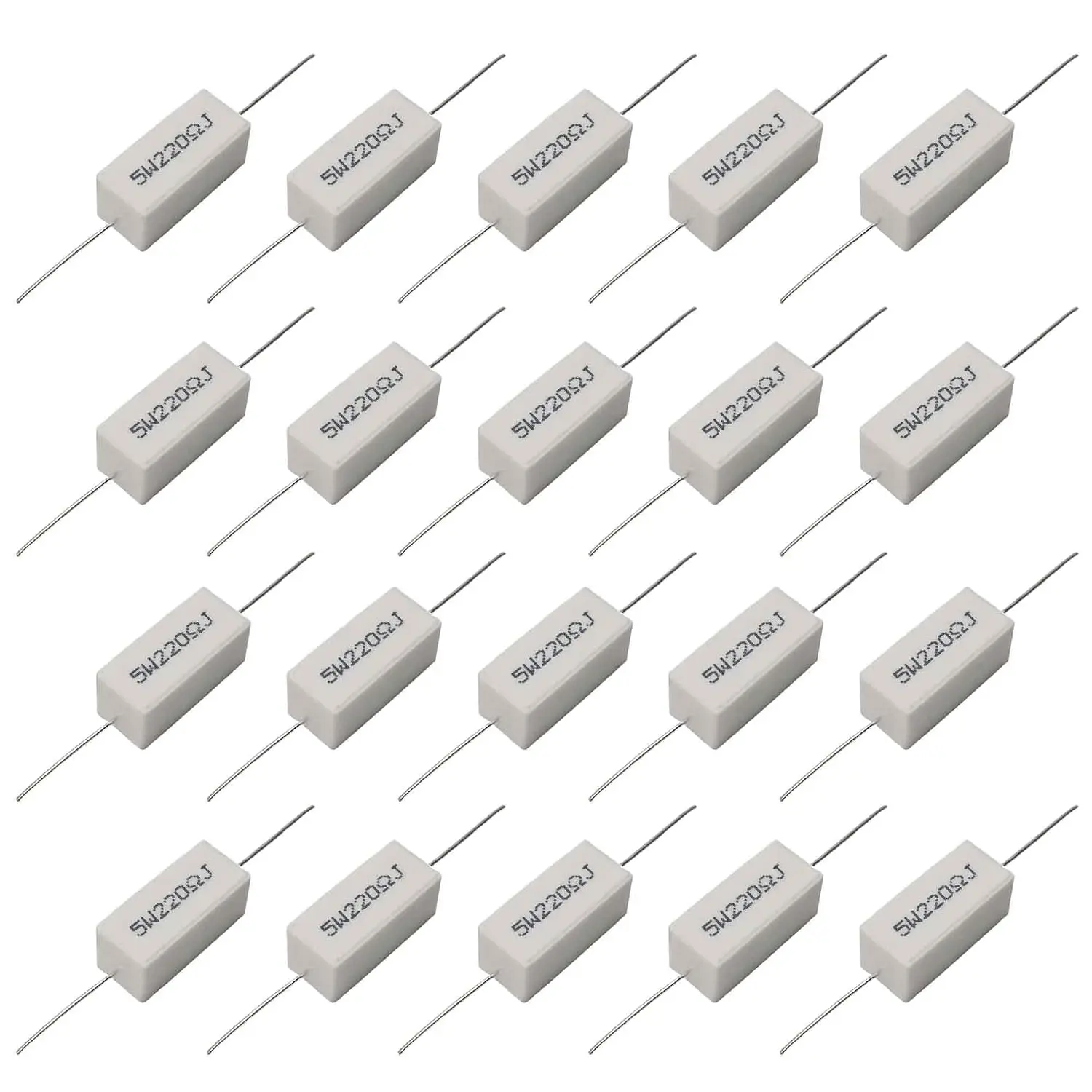 20PCS 5W 220ohm Ceramic Cement Wire Wound Resistors Tolerance Axial Lead Power Resistors for Computer TV Set Electronics DIY
