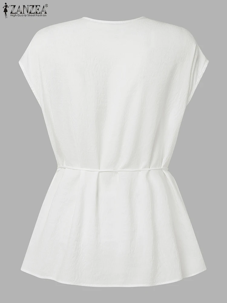 ZANZEA femmes élégant col en V hauts sans manche élégant chemisier d'été solide OL chemise de travail décontracté ample Blusas mode vacances réservoirs