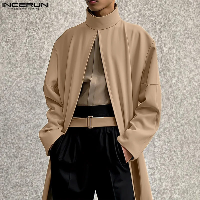INCERUN เสื้อกันหนาวผู้ชายเสื้อคลุมเสื้อคอเต่าสีทึบแขนยาว Casual Trench Men Streetwear หลวม 2025 เปิดแฟชั่น Ponchos