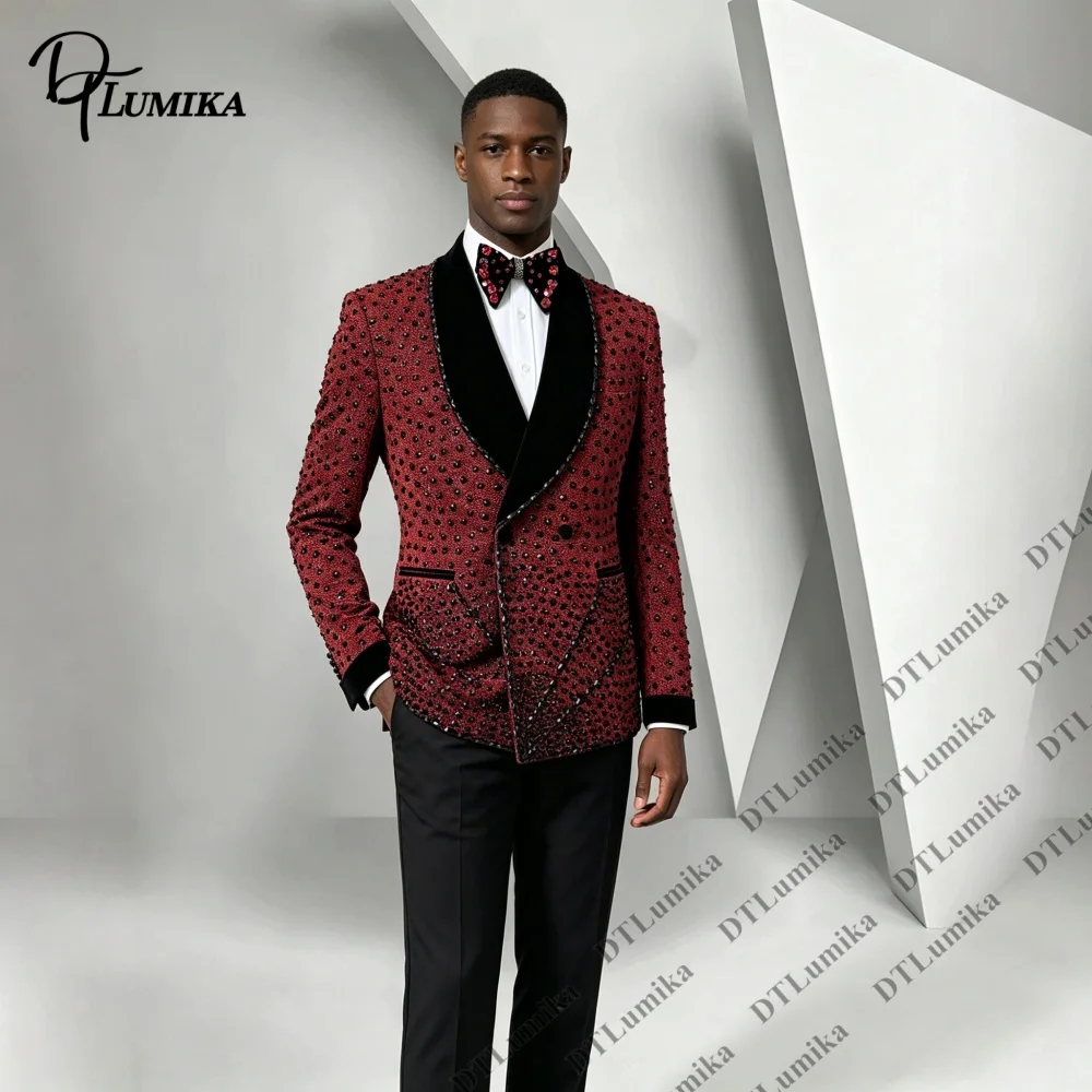 Bespoke Burgundy Double Breasted Men Suit Set, Bold Statement Formal Costume Stage Performance Pageant Gala Holiday Celebration