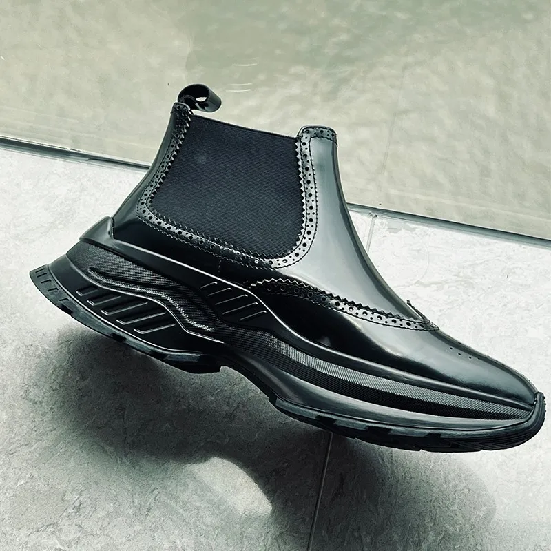 JINIWU 2026 Autumn Winter Men Sports Thick Sole Chelsea Boots Genuine Leather Height Increasing Trendy Short Boots