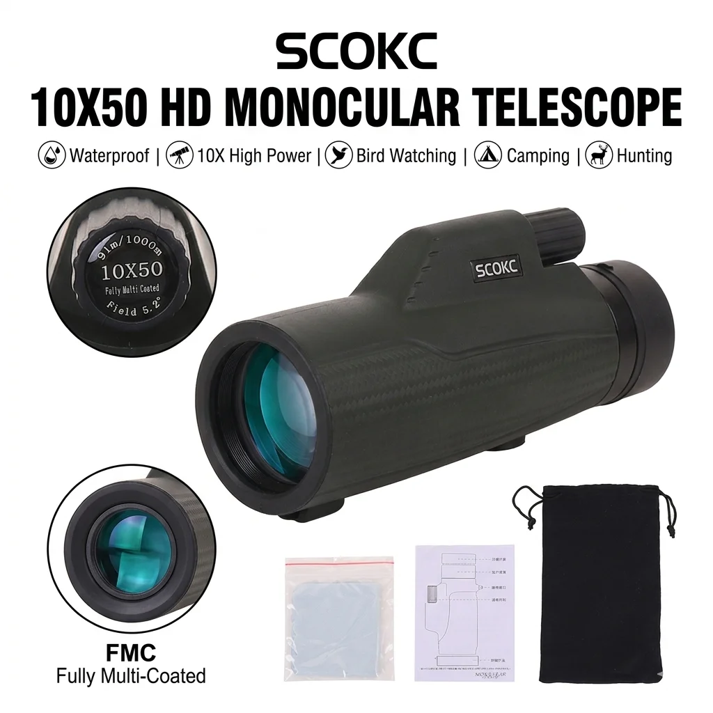 

SCOKC 10X50 HD Monocular Telescope High Power FMC Multi-Coated Lens Waterproof Portable Vision for Hunting Camping Bird Watching