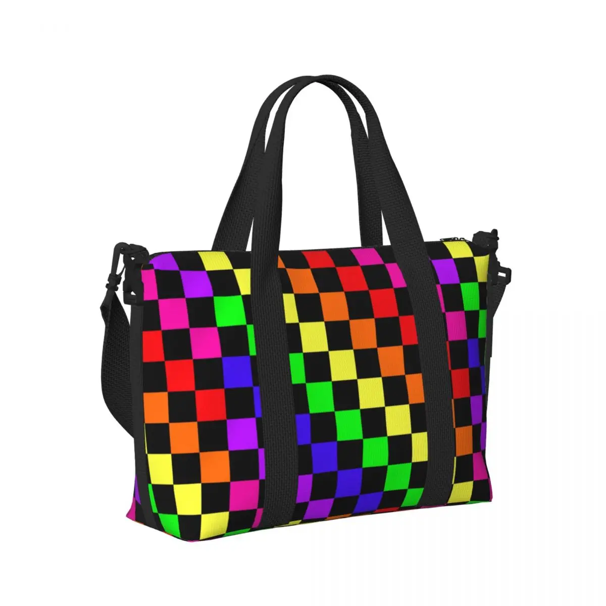 Custom Black Rainbow Checkerboard รูปแบบ Tote กระเป๋าผู้หญิงขนาดใหญ่ความจุ Tartan Gym Beach กระเป๋าเดินทาง