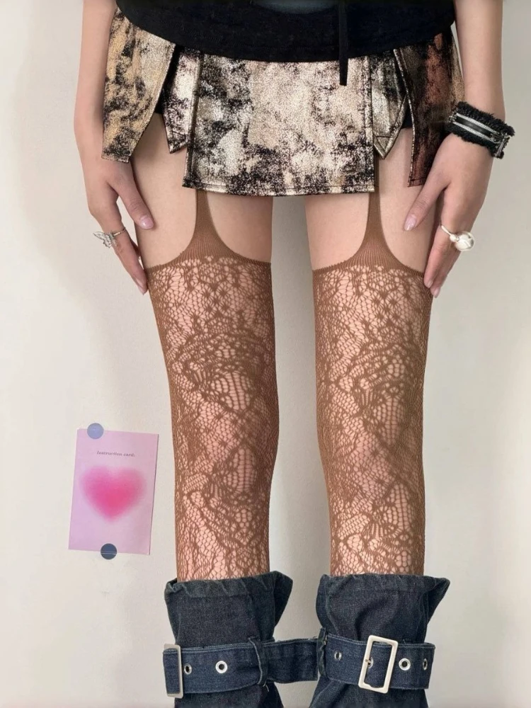 New Print Brown Fishnet Stockings Women Sexy Coffee Hollow Out Thigh High Socks Gothic Lolita Japanese Over The Knee Long Socks