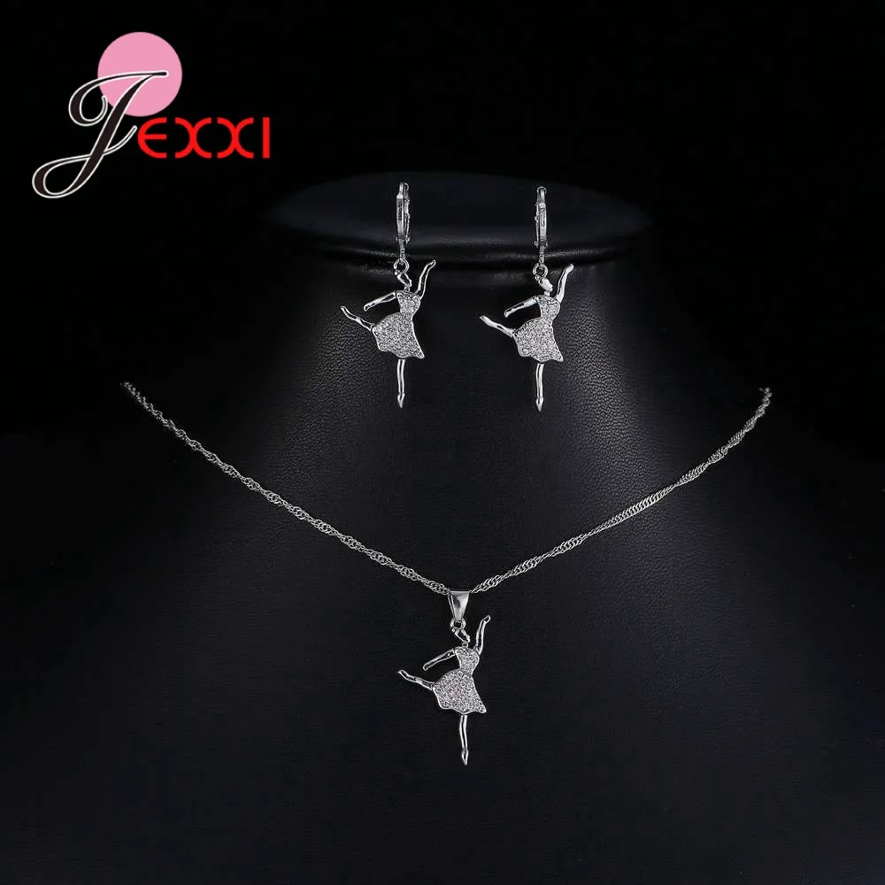 New Design Elegant Ballet Girls 925 Sterling Silver Necklace Earrings Bridal Cubic Zirconia Wedding Jewelry Set