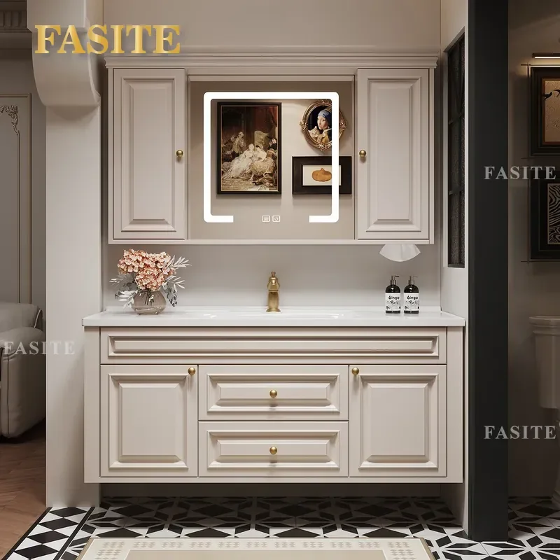 For American Feng Shui French Retro Solid Wood Bathroom Cabinet with Integrated Ceramic Basin Washstand Vanity Combo