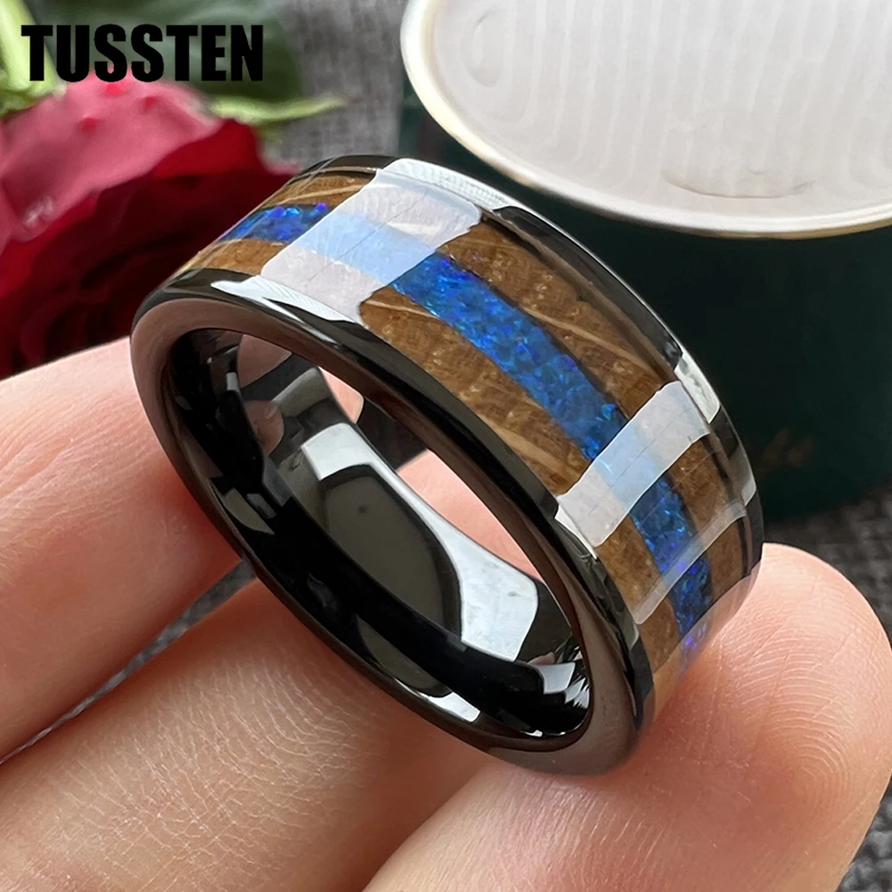 TUSSTEN 8mm Blue Opal Whisky Barrel Wood Inlay Black Tungsten Ring for Men Women Fashion Wedding Band Comfort Fit