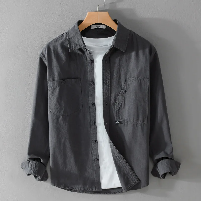 

Long Sleeve Casual Shirts for Men 100% Cotton Loose Fashion Khaki Green Mens Shirts Big Pockets Men Clothing Autumn Spring