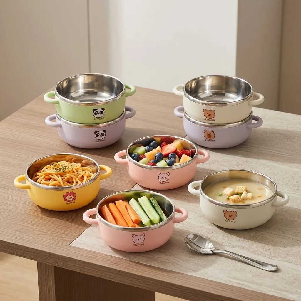 Tazón Infantil de Acero Inoxidable 304 con Doble Pared y Asas Antideslizantes, Irrompible, para Niños, para Arroz, Ramen, Ensalada, Fruta, Vajilla