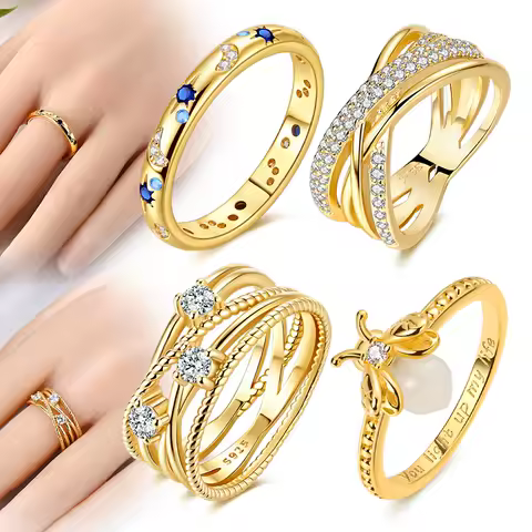 HOT 925 Sterling Silver Gold Rings Sparkling Sun Moon Stars Firefly Rings For Women Ring Wedding Party Jewelry Accessories Gift