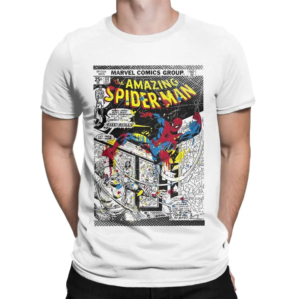 Spider-Man Classic T Shirts Men's Cotton Novelty T-Shirt O Neck Paint Splat Comic Tee Short Sleeve merchandise Summer