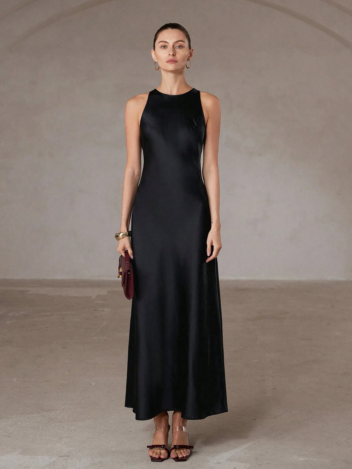 Aveloria Modichic Minimalist Chic Asymmetric Bias-Cut Double-Sided Satin-Like Fabric A-Line Sleeveless Long Dress