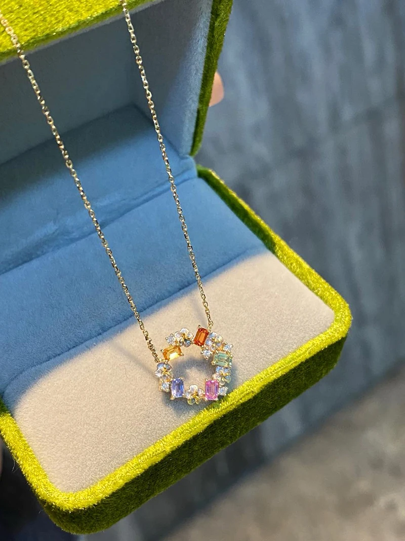 KUGG 100% 18K Yellow Gold Necklace Romantic Rainbow Design Shiny Diamond Natural Color Sapphire Necklace for Women Birthday Gift