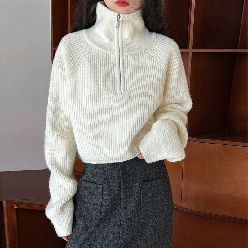 Female Turn-down Collar Sweaters for Women New Loose Half Zip Sweater Pullover Knitted Jumpers Top Ladies Pullover Clothing Q06