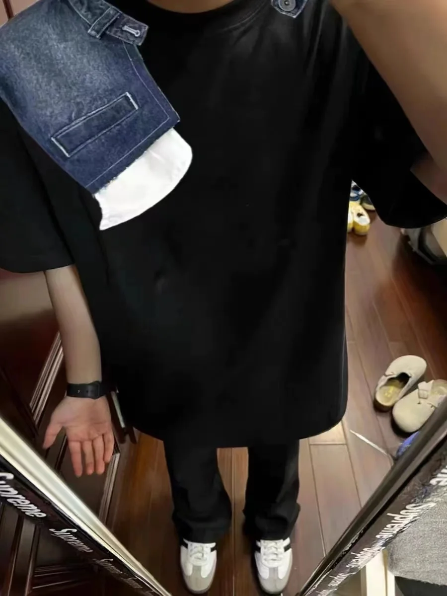 

American Sle Haome Cowboy Patchwork Design Unique Heavyweight ort Sve Men's Summer Trendy Brand High-End Cotton T-S...