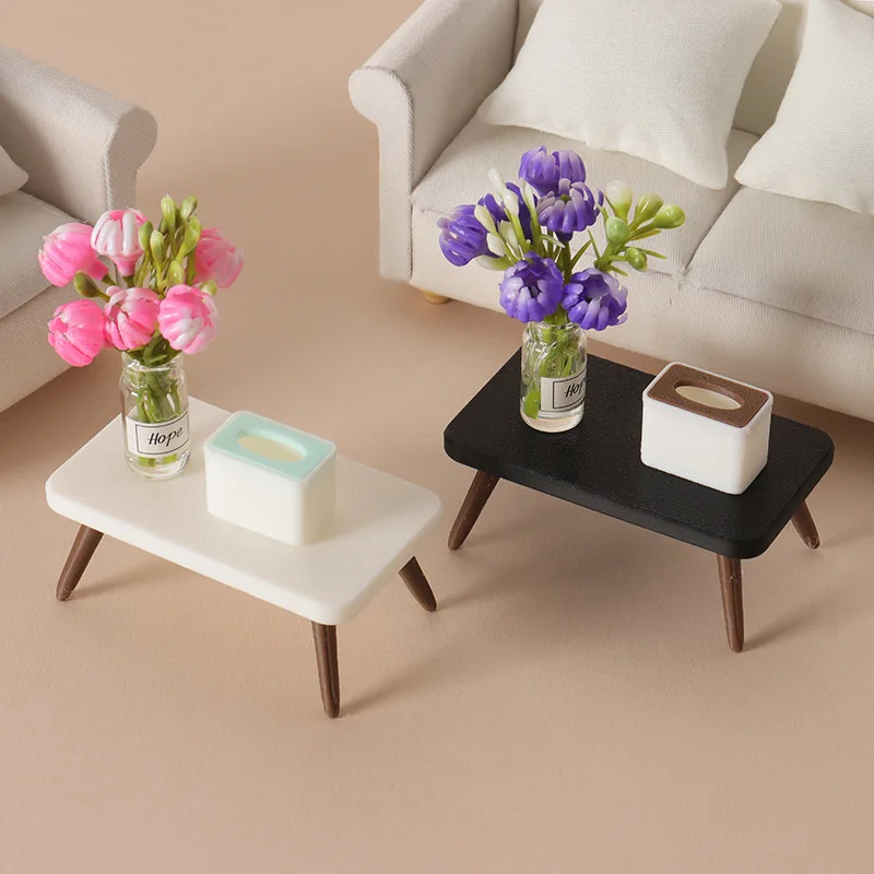 

1:12 Scale Dollhouse Miniature Coffee Table Model, Ins Style Living Room Furniture with Flower Vase & Tissue Box, Diorama Scene