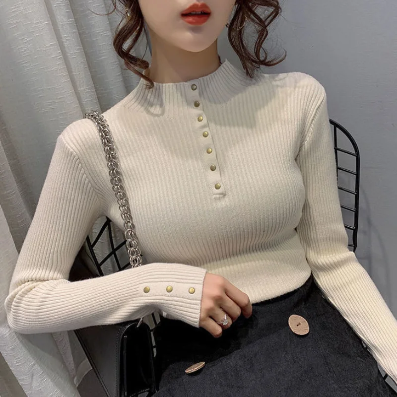 Women Autumn Winter Korean New Half High Neck Bottom Knitwear Fashion Retro Solid Button Slim Versatile Sweater Long Sleeve Tops