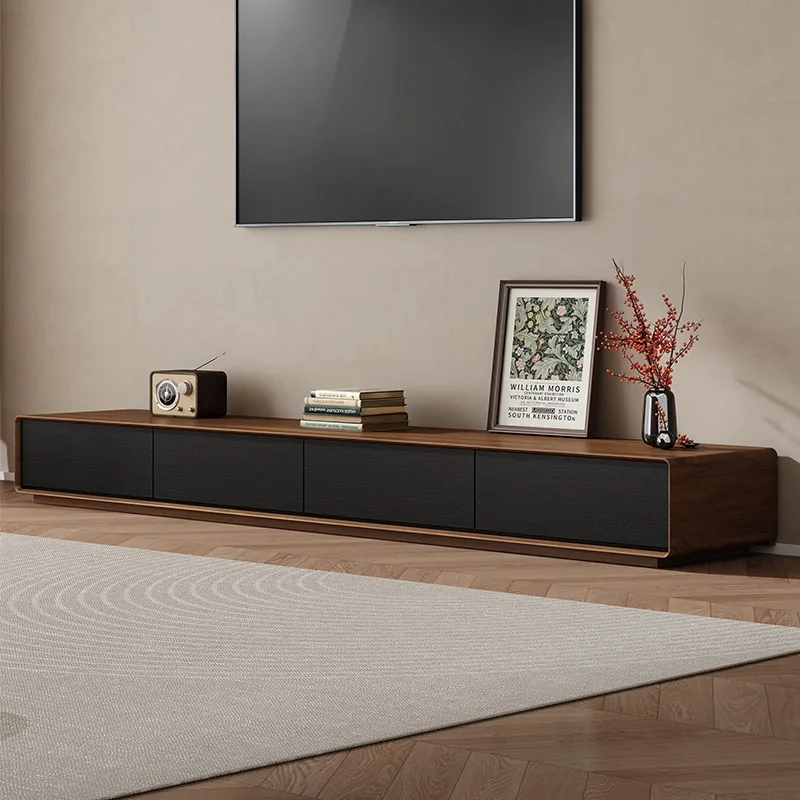 Modern minimalist solid wood TV cabinet, walnut-colored base cabinet for small living rooms