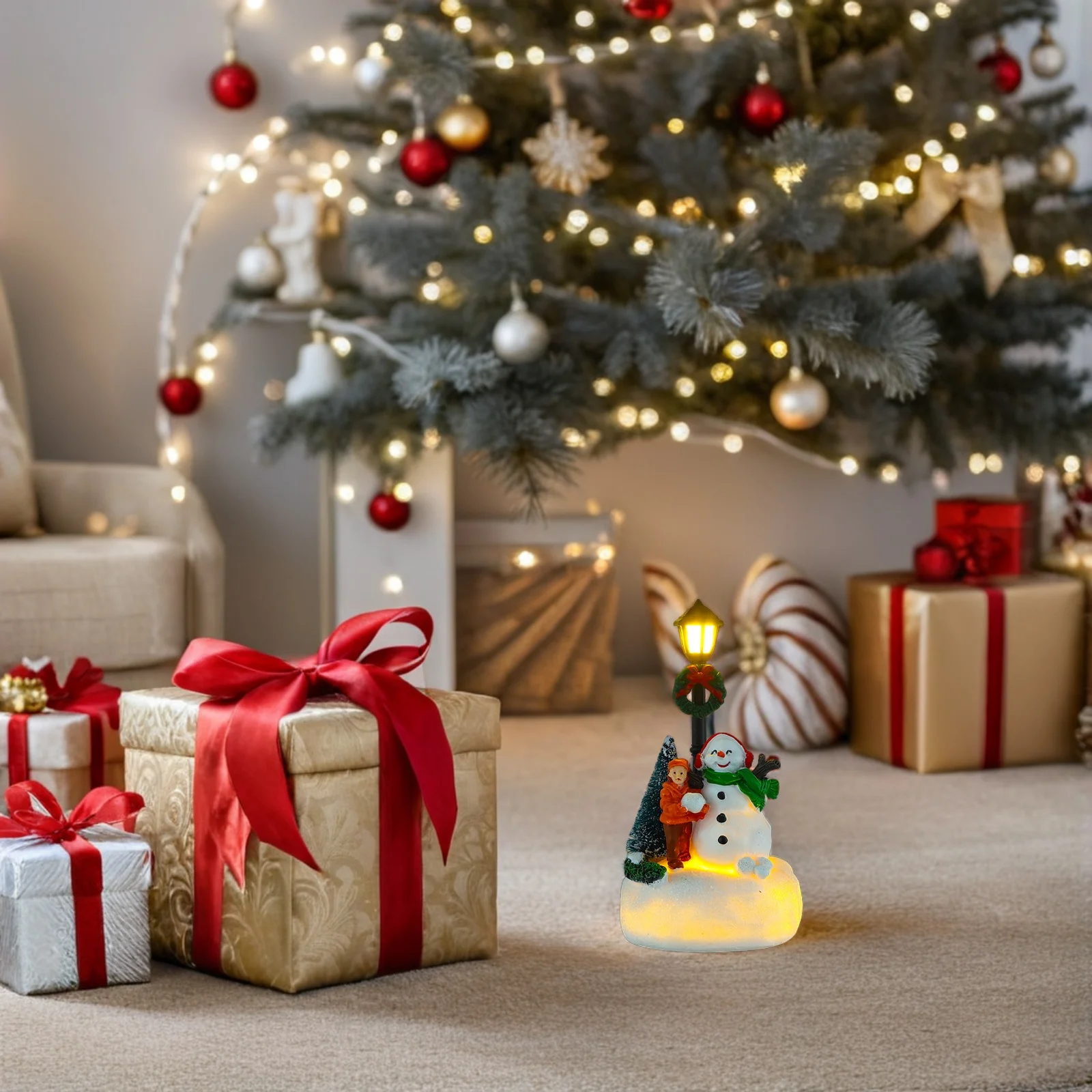 

Small Resin Christmas Table Centerpieces Snowman LED Operated Light Up Streetlights Glowing Lamppost Desk Decoration