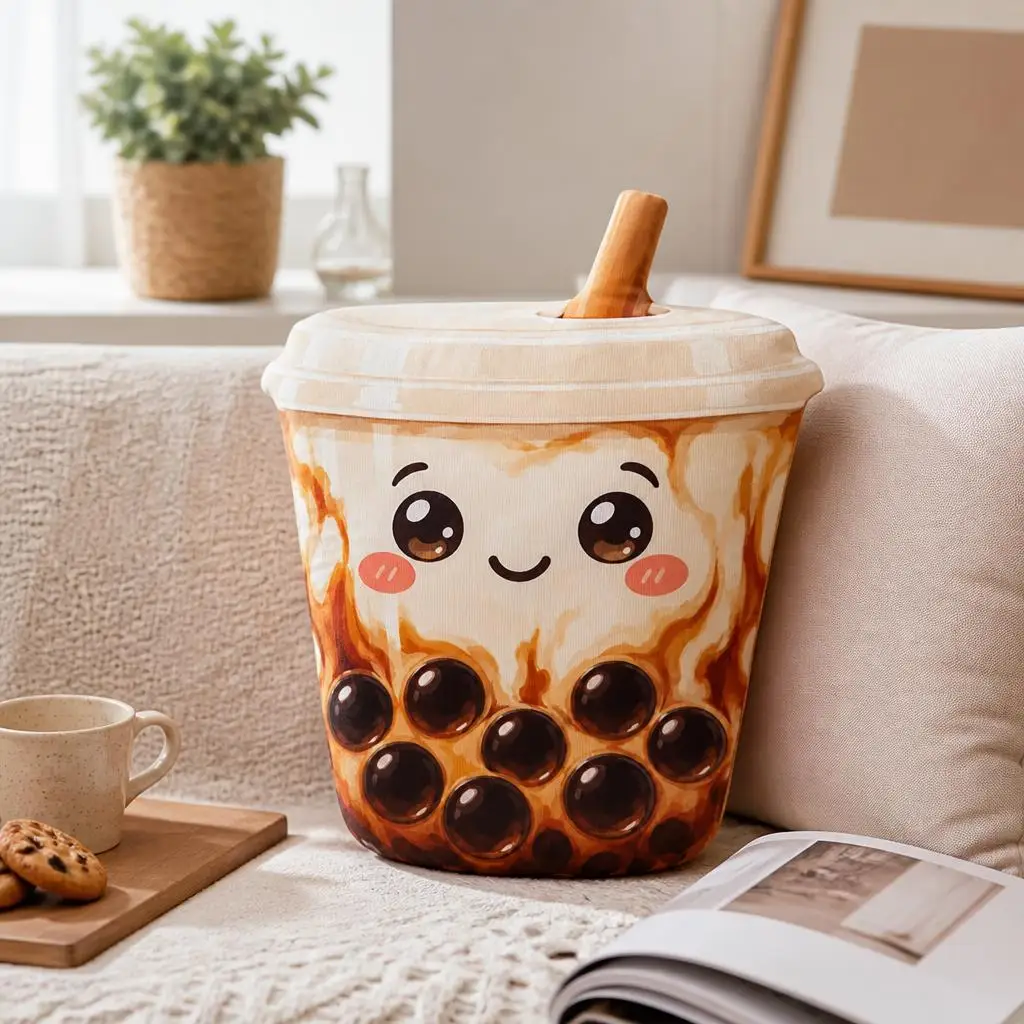 Brown Sugar Boba Tea Plush Pillow Cute Milk Tea Cushion Tapioca Pearl Throw Pillow Gift for Bubble Tea Lovers Home Decor