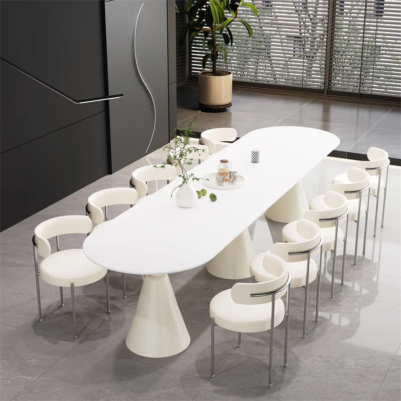 

Light luxury rock slab meeting long table, workbench large dining table