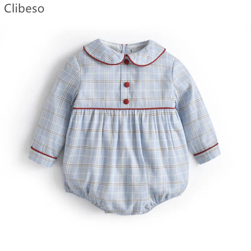 

New Baby Boys Spanish Cottom Rompers Red Trim Newborn Long Sleeve Bubbles Peter Pan Collar Plaid Jumpsuits Boy Spain Outfits