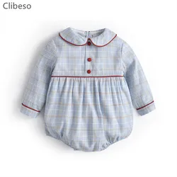 New Baby Boys 스페인어 Cottom Rompers 레드 트림 신생아 긴 소매 버블 피터팬 칼라 체크 무늬 점프 슈트 Boy Spain Outfits